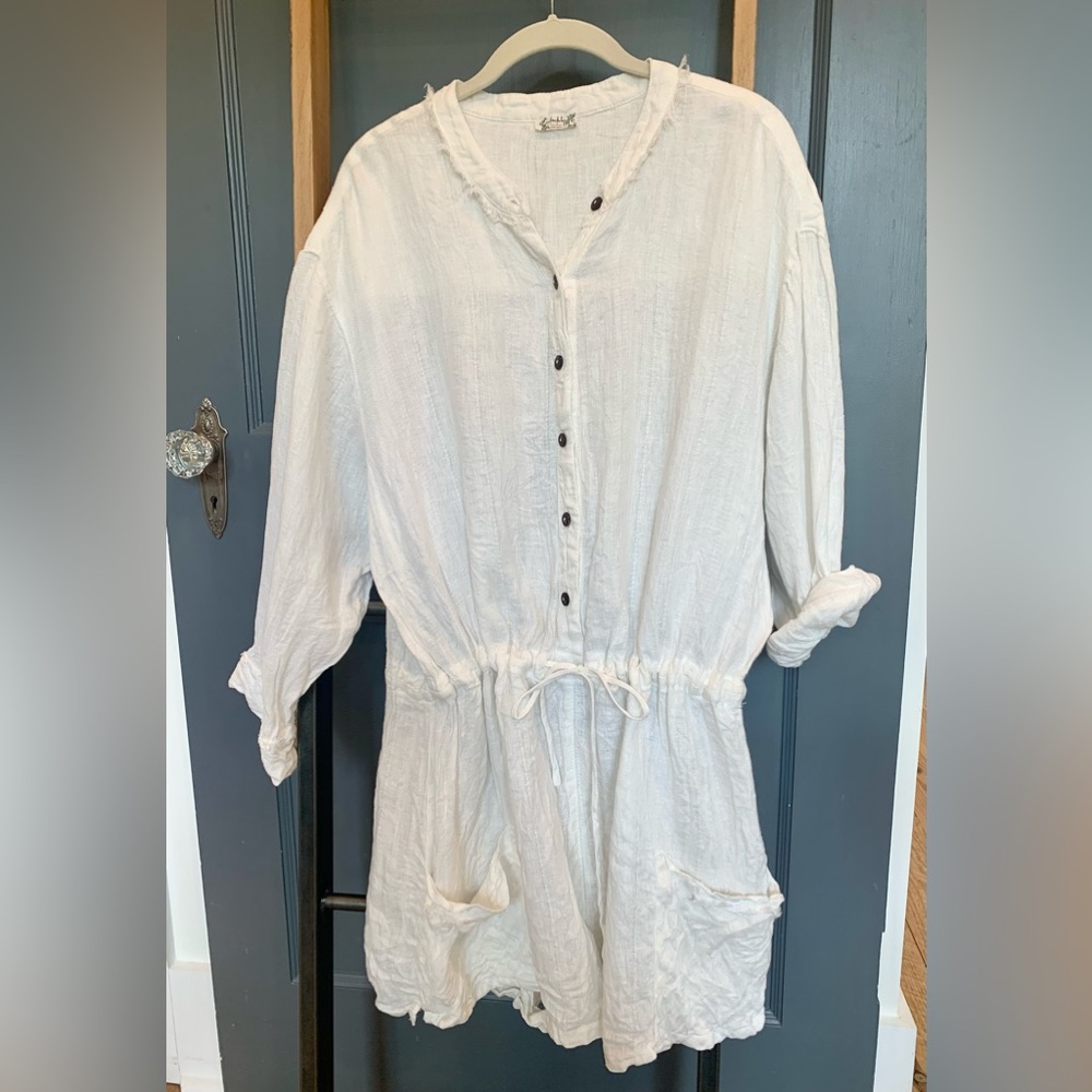 Free People ivory linen drawstring romper size M